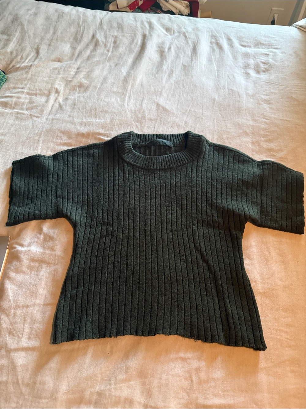 Creatures of Comfort Ribbed Crewneck Short-Sleeve Sweater in Dark Green